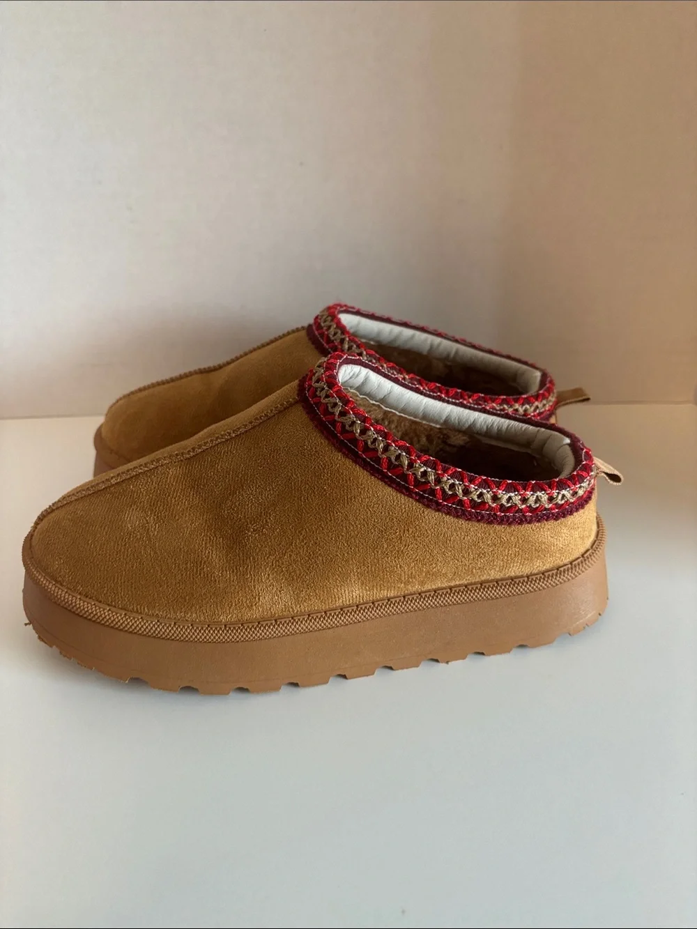 Jellypop Tan Suede Kids Slip-On Slippers with Red Trim